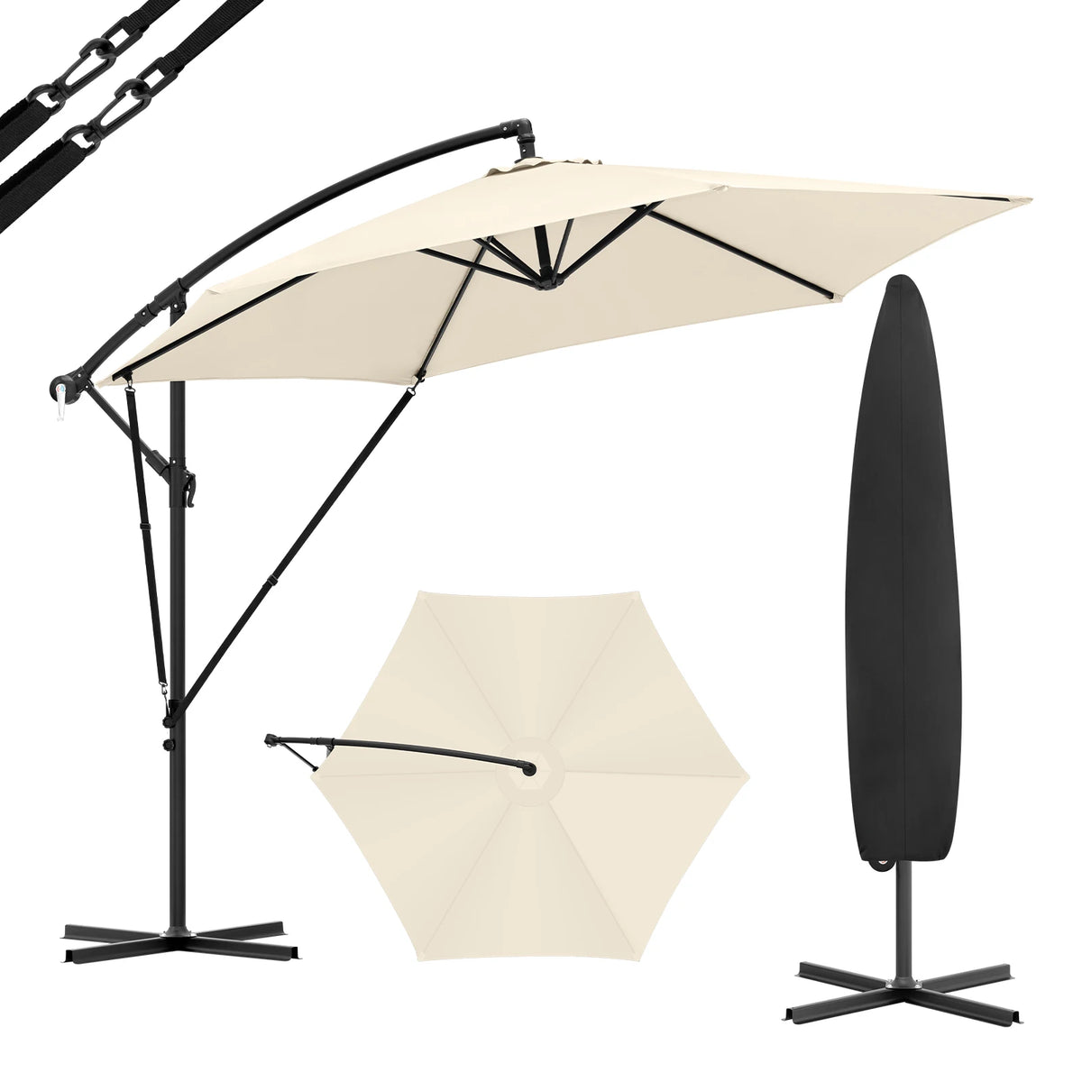 Beige kantelbare zweefparasol in open en gesloten stand, met zicht op het doek en de kruisvoet