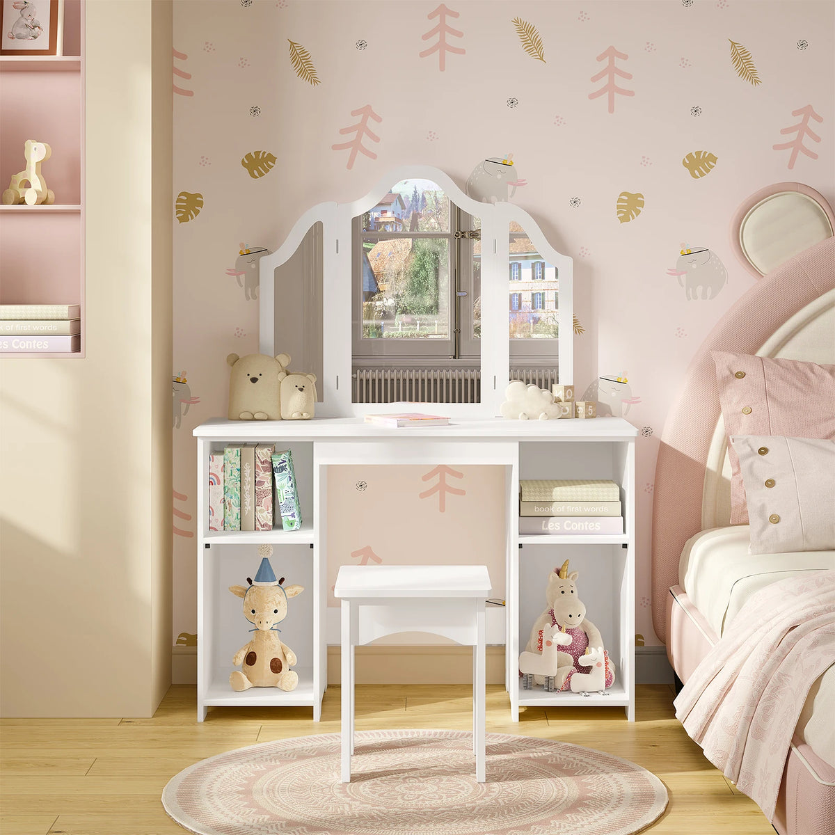 WOLTU Children's Dressing Table with Stool Mirror Wooden Small Dressing Table with Adjustable Shelves Girls Cosmetic Table White