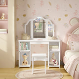WOLTU Children's Dressing Table with Stool Mirror Wooden Small Dressing Table with Adjustable Shelves Girls Cosmetic Table White