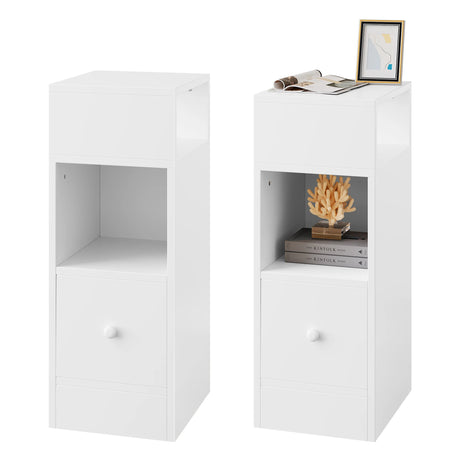 Set van 2 smalle nachtkastjes van BukkitBow met lade en open vakken, 25 cm breed, geschikt voor slaapkamer of woonkamer.