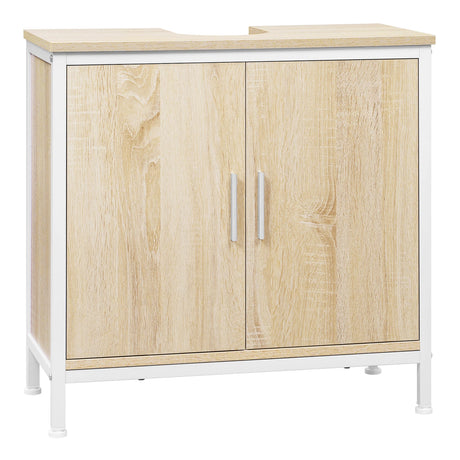 Wastafelonderkast van BukkitBow, 60 cm breed met 2 deuren in wit en licht eiken, met sifonuitsparing, geschikt voor badkamer.