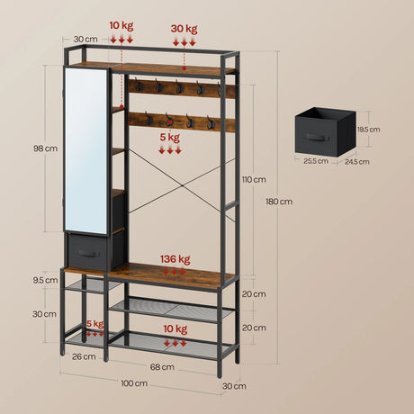 WOLTU vrijstaande garderobe met spiegel, schoenenrek, 2 lades en 9 haakjes, metalen frame voor slaapkamer of hal, door BukkitBow