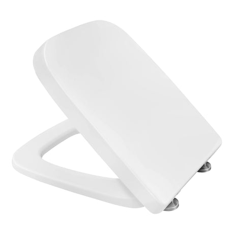 Vierkante witte toiletbril van BukkitBow met softclose en quick release, gemaakt van duurzaam Duroplast.