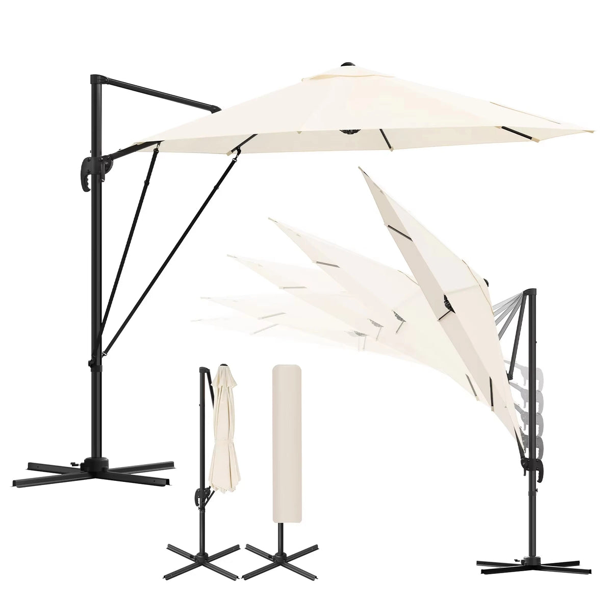 Beige zweefparasol met kruisvoet, getoond in open en gekantelde stand en opgevouwen met hoes