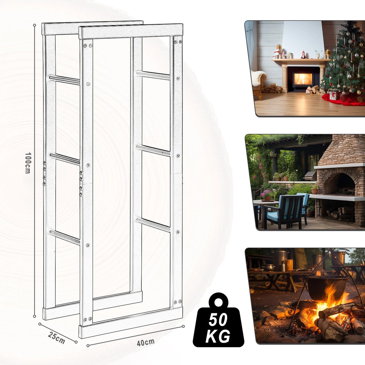 Zwart metaal brandhoutrek van BukkitBow, geschikt voor binnen en buiten, beschikbaar in 7 maten voor het opbergen van hout.
