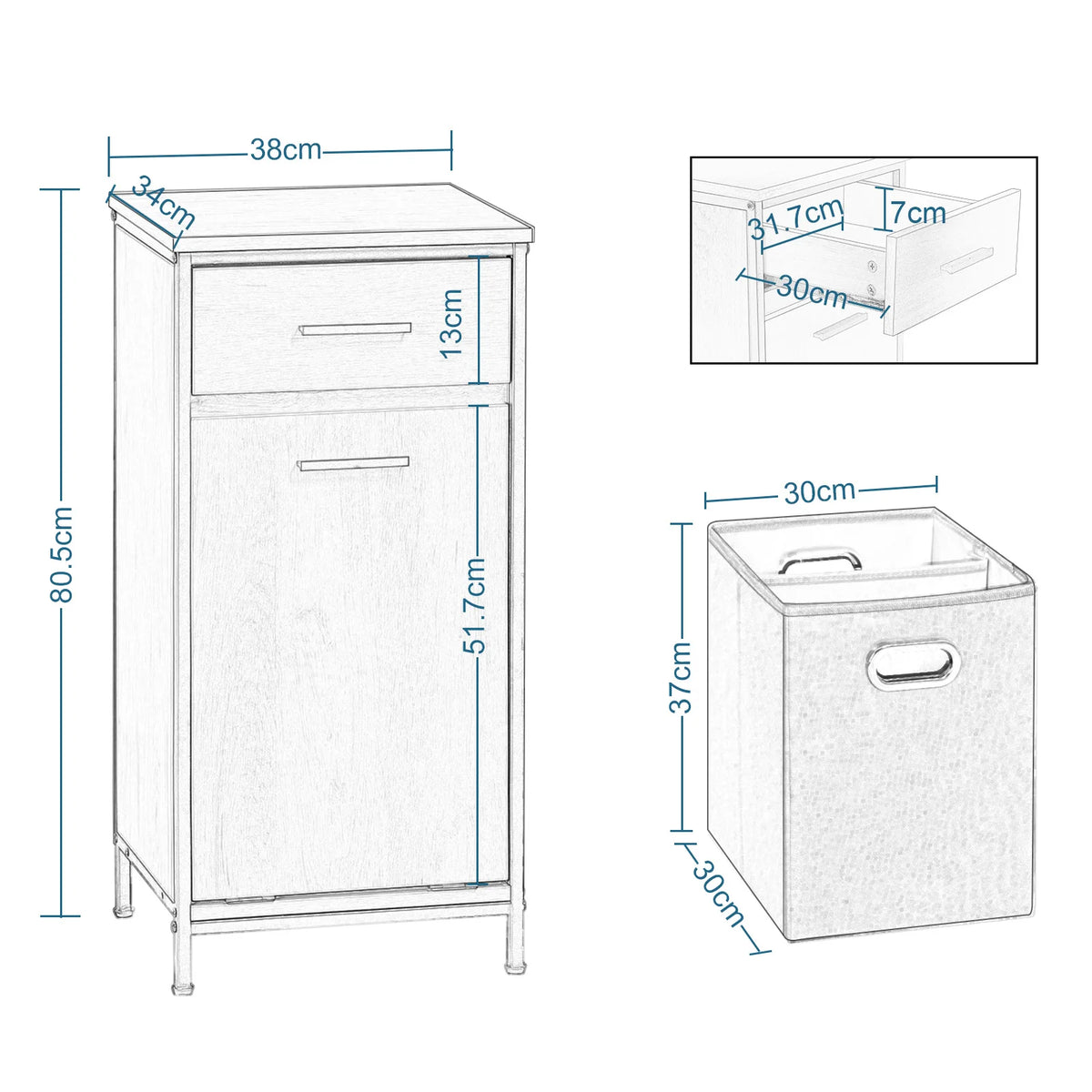 EUGAD Bathroom Cabinet 38x80x34cm Narrow Toilet Side Cabinet with 2 Drawers Foldable Laundry Bag Laundry Cupboard Bathroom Organizers