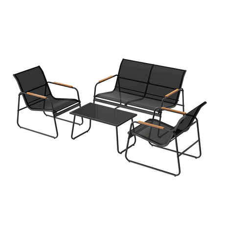 BukkitBow tuinmeubelset met bank, stoelen en glazen tafel voor buiten, in een tuin setting, gemaakt van duurzaam materiaal.