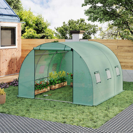 Groene BukkitBow tunnelkas van 3x3 m met 6 ramen en oprolbare ritsdeur voor tuinplanten en gewassen.