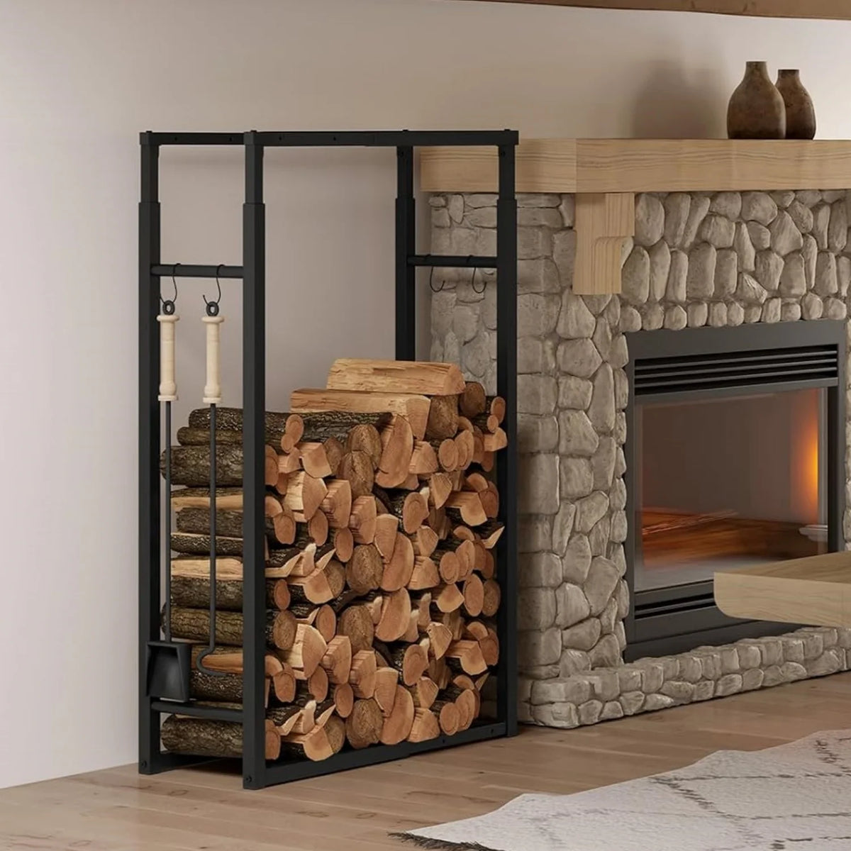 EUGAD Wood Rack Brackets for Indoor Outdoor Fireplace Storage Metal 9 Sizes Adjustable Firewood Rack Wood Storage Shelf with 4 Hooks