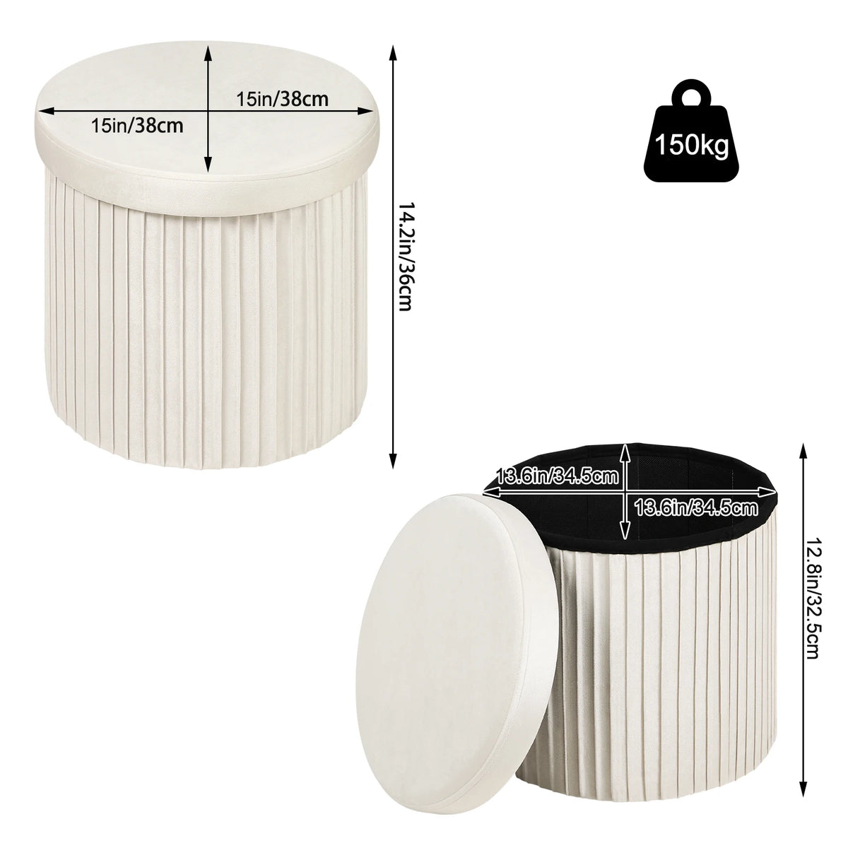 WOLTU Velvet Footstool Round Ottoman MDF Foldable Storage Stool with Creative Storage Box Removable Padded Lid for Living Room