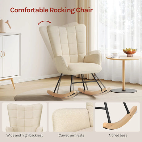 Velvet schommelstoel van BukkitBow in Scandinavische stijl, ergonomisch ontworpen met zachte bekleding en houten frame.