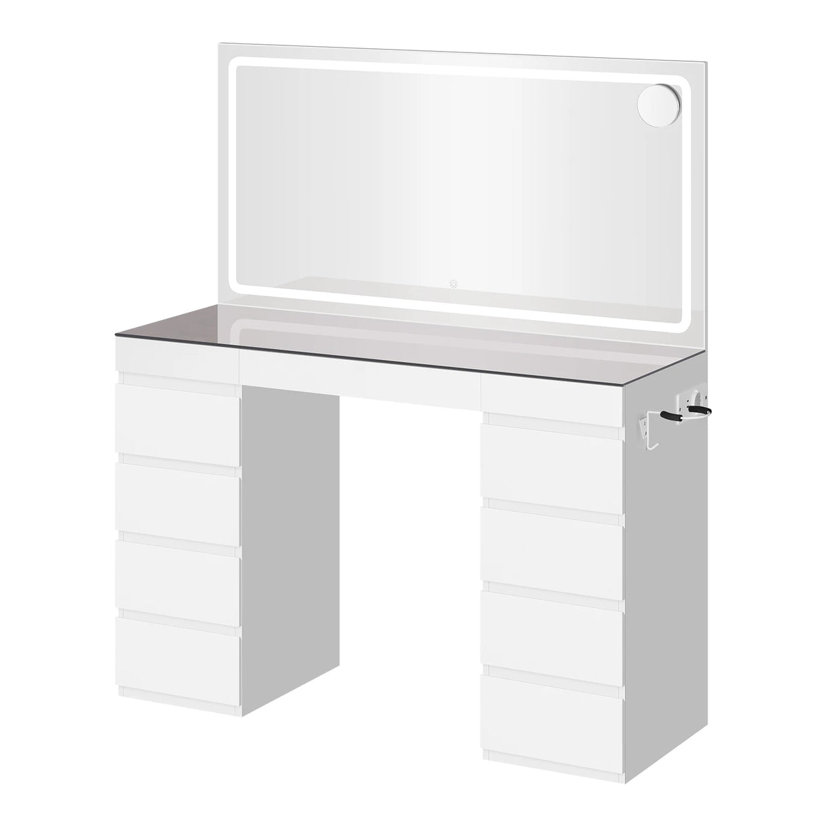 Kaptafel met LED-spiegel – 11 lades – Glazen blad – Stopcontact en USB