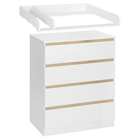 Witte babycommode met 4 lades en afneembaar aankleedopzetstuk, 80 cm breed, van BukkitBow, zichtbaar met ladegrepen en aankleedvlak