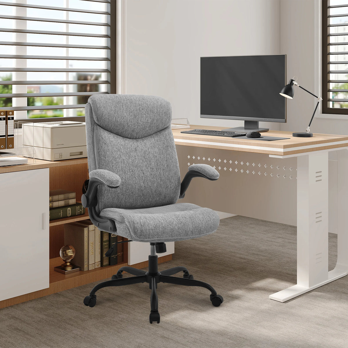 Swivel Work Chair Desk Chair Linen Cotton Chair with Folding Backrest and Armrests Rocking Function Ergonomic for Office Home