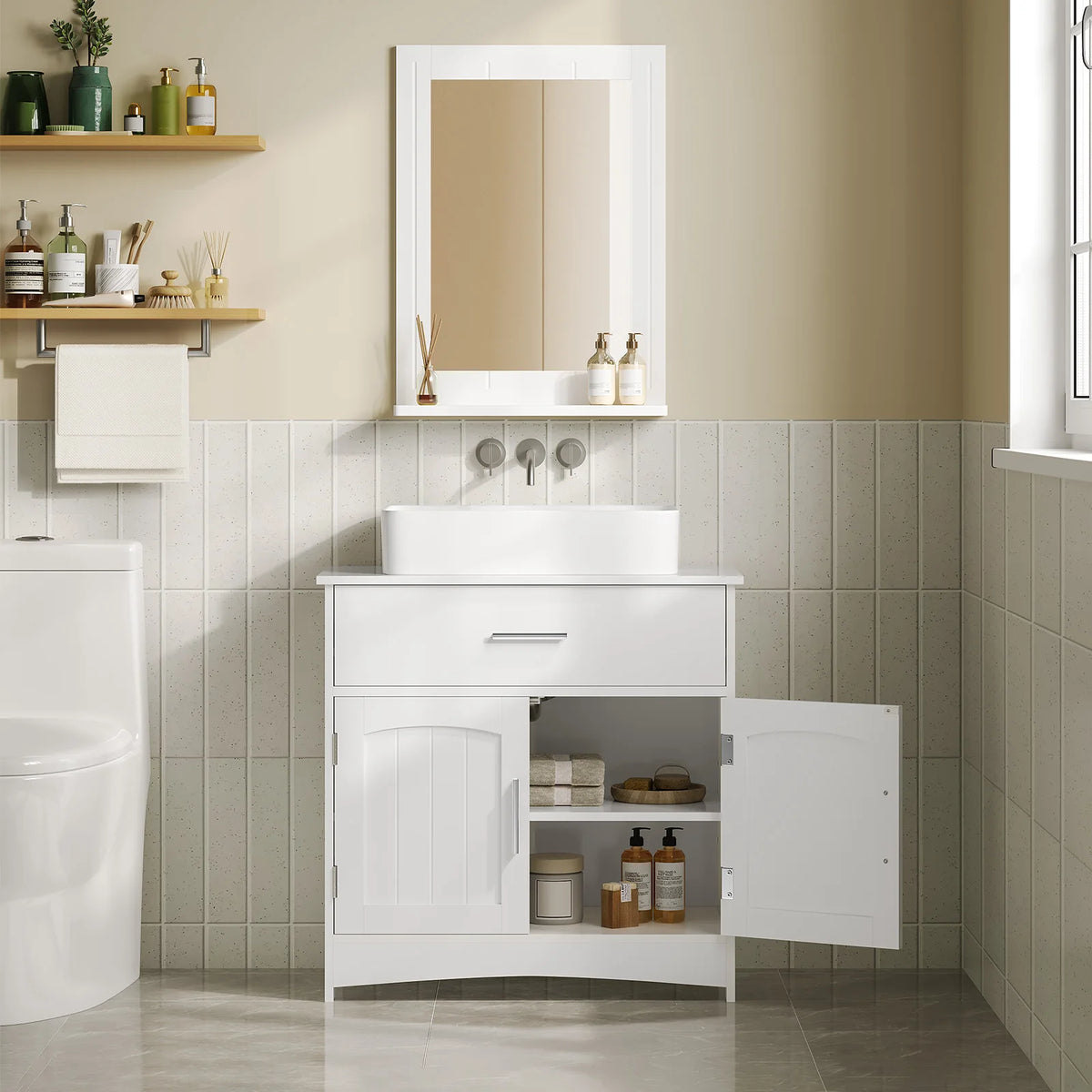 EUGAD White Waterproof Bathroom Cabinet 60x60x30cm Vanity Unit Under Sink with 2 Drawers Adjustable Shelf Toilet Storage Organizer