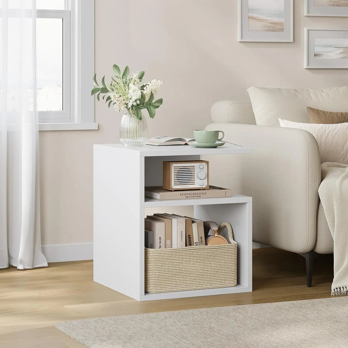 EUGAD Wooden Bedside Table Coffee Side Table Nightstand with 2 Open Compartments Simple Design Space-Saving for Bedroom Living Room 35x41x35cm