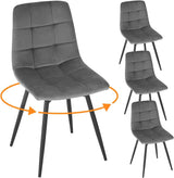 Vier donkergrijze draaibare eetkamerstoelen met blokstiksels en zwarte metalen poten op witte achtergrond