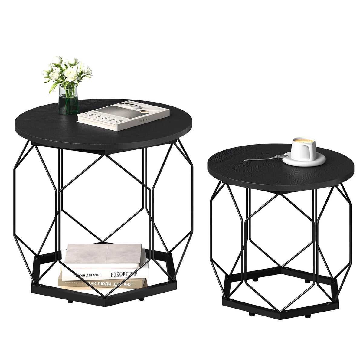 WOLTU 2PCS Round Coffee Tables Living Room Table Modern Side Table with Storage Space Metal Frame Wood Sofa Table for Apartment