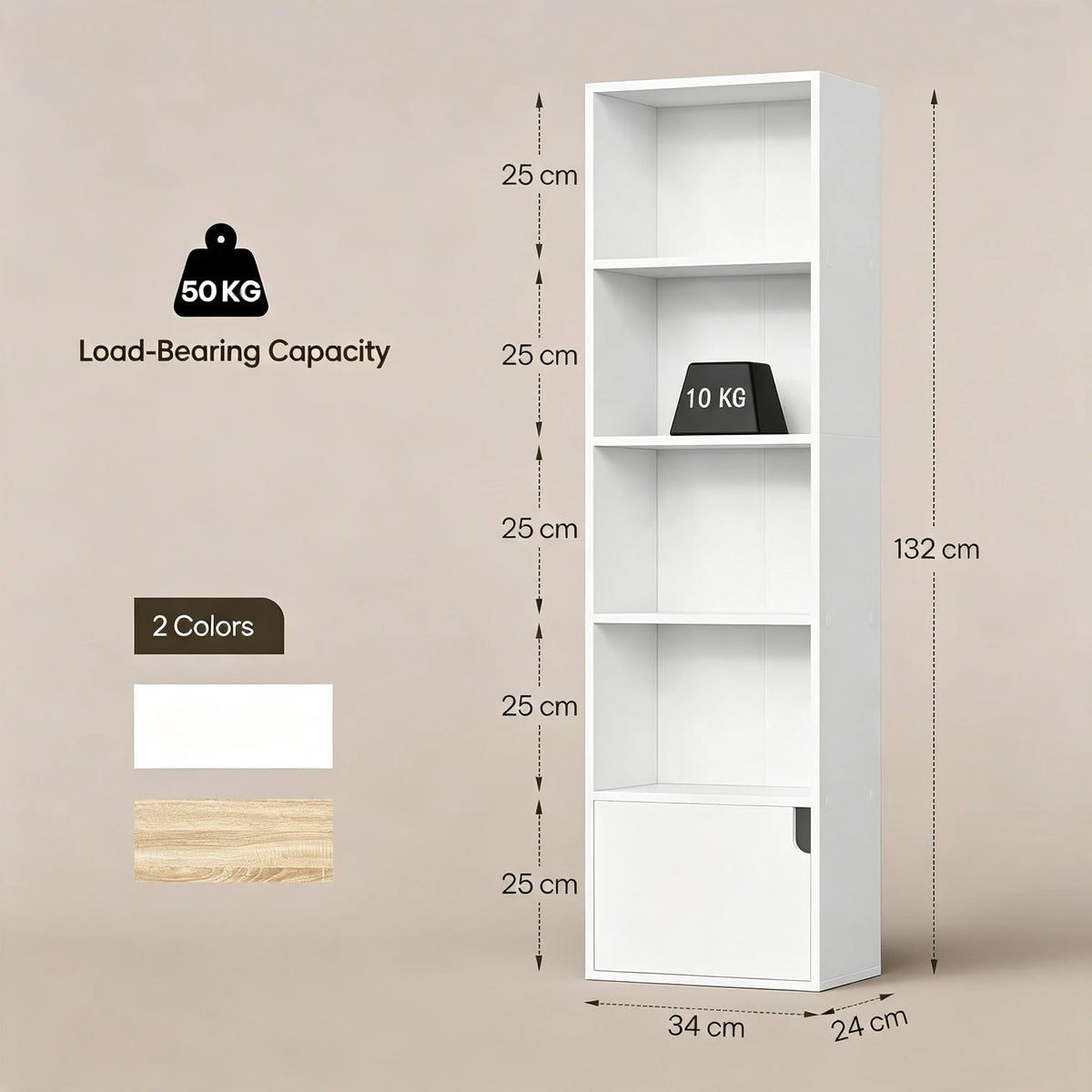 Bookcase Narrow Standing Shelf with 5 Compartments Door Wooden Shelf for Living Room Office Bedroom 34 X 24 X 132 cm