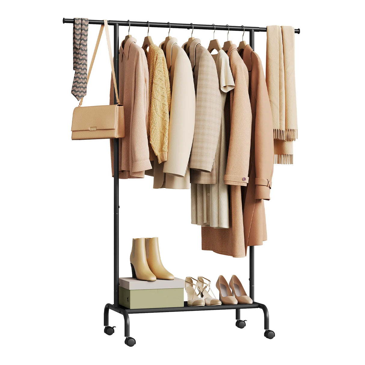 Uitschuifbaar BukkitBow kledingrek op wielen met schoenenplank, ideaal voor het organiseren van kleding en schoenen in de slaapkamer.