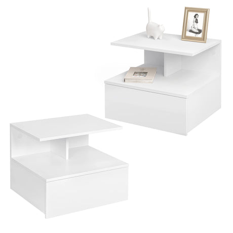 Twee zwarte zwevende nachtkastjes van BukkitBow met lade en open vak, muurmontage, modern design, geschikt voor slaapkamer.
