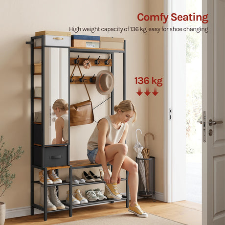 BukkitBow WOLTU open garderobe met schoenenrek, spiegel, 9 haakjes en 2 laden, metalen frame voor slaapkamer of hal