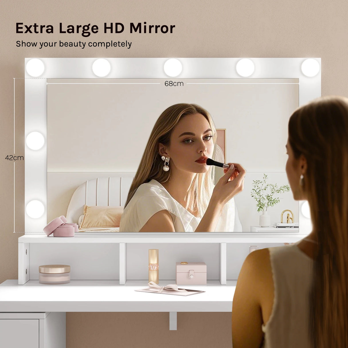 BukkitBow kaptafel met 7 laden, verstelbare LED-spiegel en flexibele hoek, geschikt voor make-up en haarstyling.