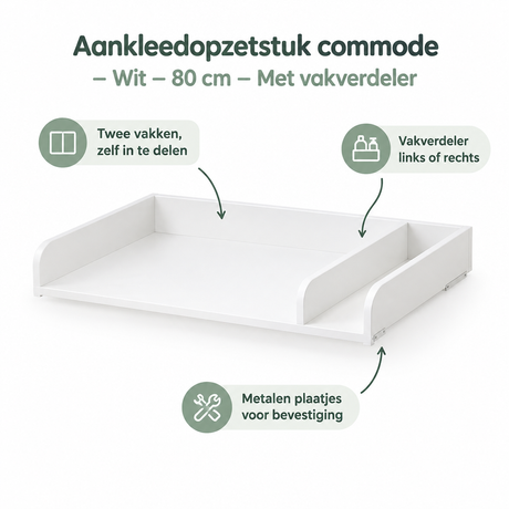 Wit aankleedopzetstuk voor commode van BukkitBow, 80 cm lang met vakverdeler, geschikt voor comfortabel verschonen.