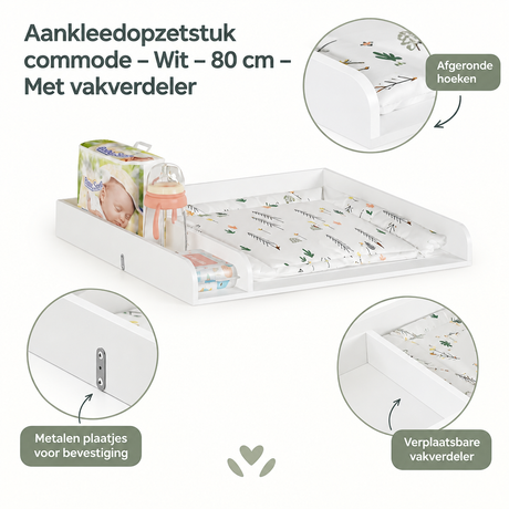 Wit aankleedopzetstuk voor commode van BukkitBow, 80 cm lang met vakverdeler, zichtbaar op de afbeelding.