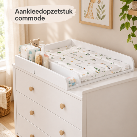 Wit aankleedopzetstuk voor commode van BukkitBow, 80 cm lang met vakverdeler, geschikt voor comfortabele babyverzorging.