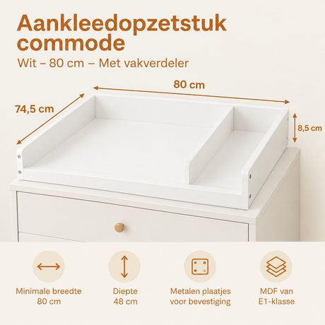 Wit aankleedopzetstuk voor commode van 80 cm met vakverdeler, geschikt voor BukkitBow commode.