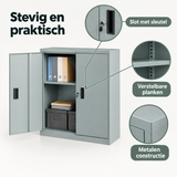 Detail van materiaal en afwerking van afsluitbare metalen archiefkast