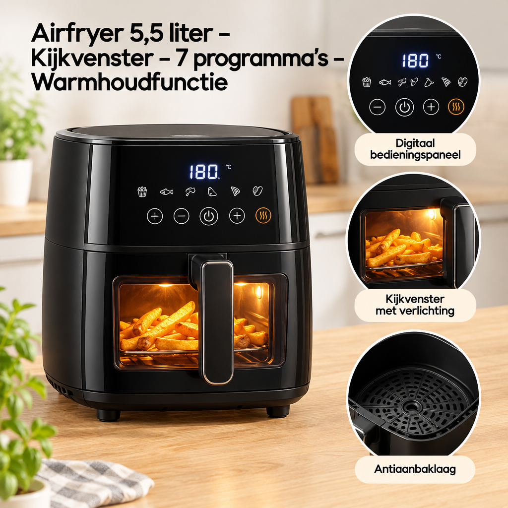 Detail van materiaal en afwerking van airfryer 5,5 liter