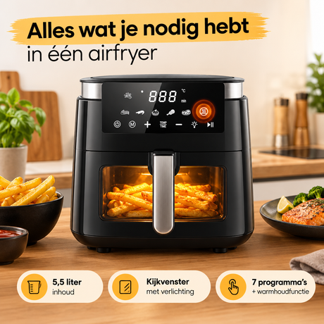BukkitBow Airfryer 5,5 liter met kijkvenster, 7 programma's en warmhoudfunctie, voor snel en gezond koken.