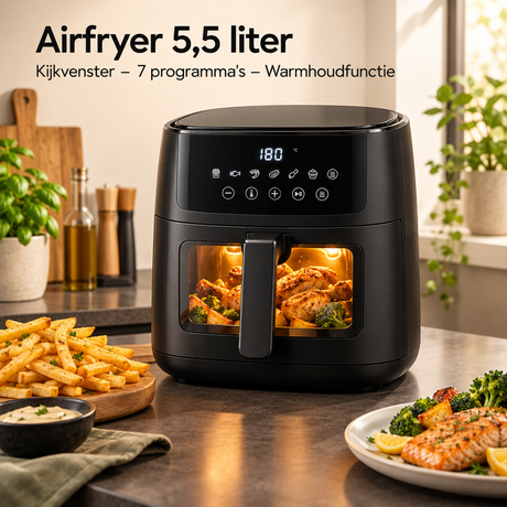 BukkitBow Airfryer 5,5 liter met kijkvenster, 7 programma's en warmhoudfunctie, op keukenblad met voedsel erin