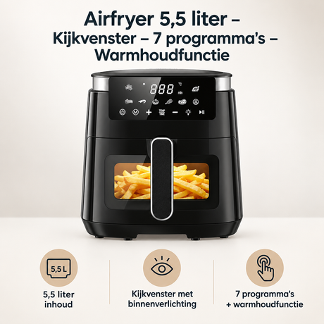 BukkitBow Airfryer 5,5 liter met kijkvenster, 7 programma's en warmhoudfunctie, geschikt voor gezond frituren en koken