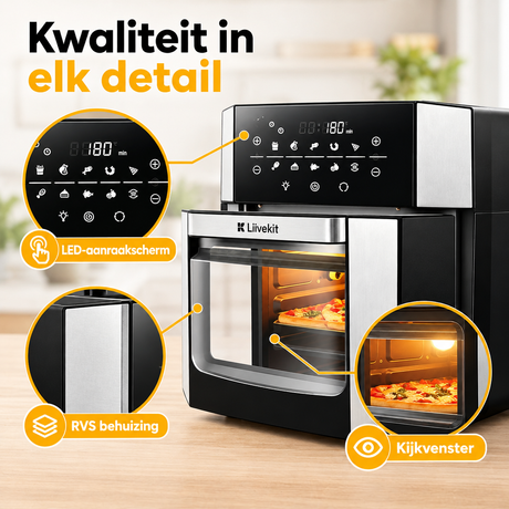 BukkitBow airfryer oven van 15 liter met kijkvenster, 10 programma’s en draaispit voor gezond koken en bakken