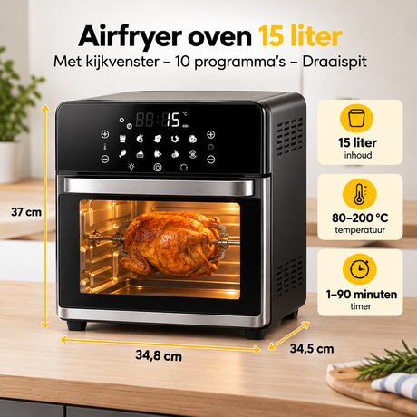 BukkitBow airfryer oven van 15 liter met kijkvenster, 10 programma’s en draaispit voor gezond en snel koken