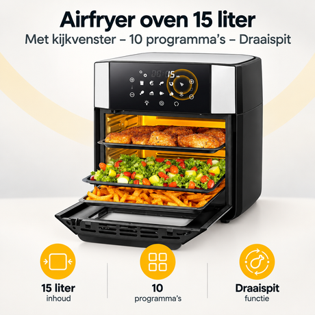 BukkitBow Airfryer oven 15 liter met kijkvenster, 10 programma’s en draaispit, overzicht van kernvoordelen op display.