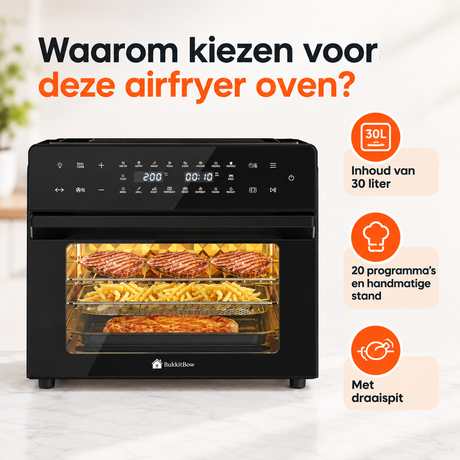 BukkitBow Airfryer oven van 30 liter met 20 programma's en draaispit, zwart, voor snel en veelzijdig koken.
