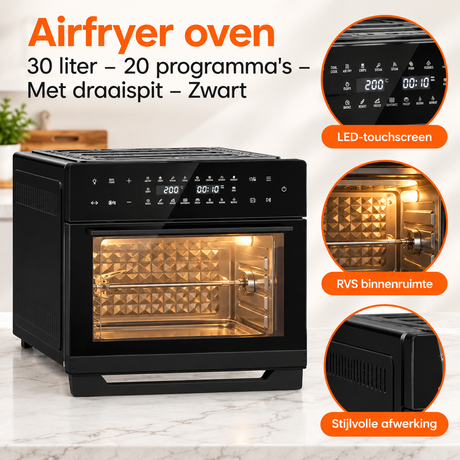BukkitBow Airfryer oven 30 liter met draaispit en 20 programma's, zwarte keukenapparaat met roestvrijstalen details