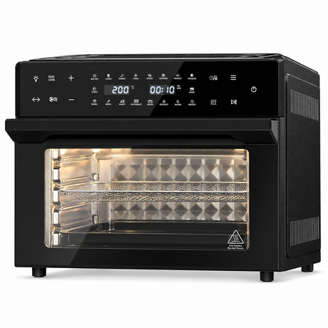 BukkitBow Airfryer oven 30 liter in zwart met 20 programma's en draaispit, geschikt voor gezond koken en bakken.