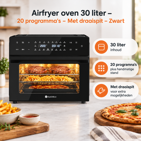 BukkitBow airfryer oven van 30 liter met draaispit en 20 programma's, zwart, voor gezond en snel koken.