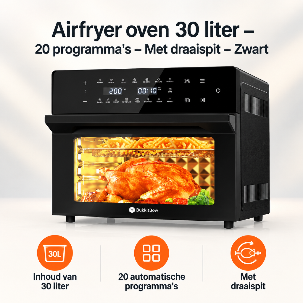 Overzicht van airfryer oven 30 liter met de belangrijkste productvoordelen