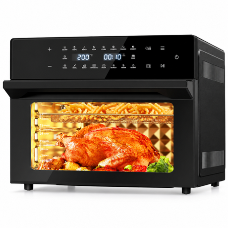 Zwarte BukkitBow Airfryer oven van 30 liter met draaispit en 20 programma's, geschikt voor het bereiden van diverse gerechten.