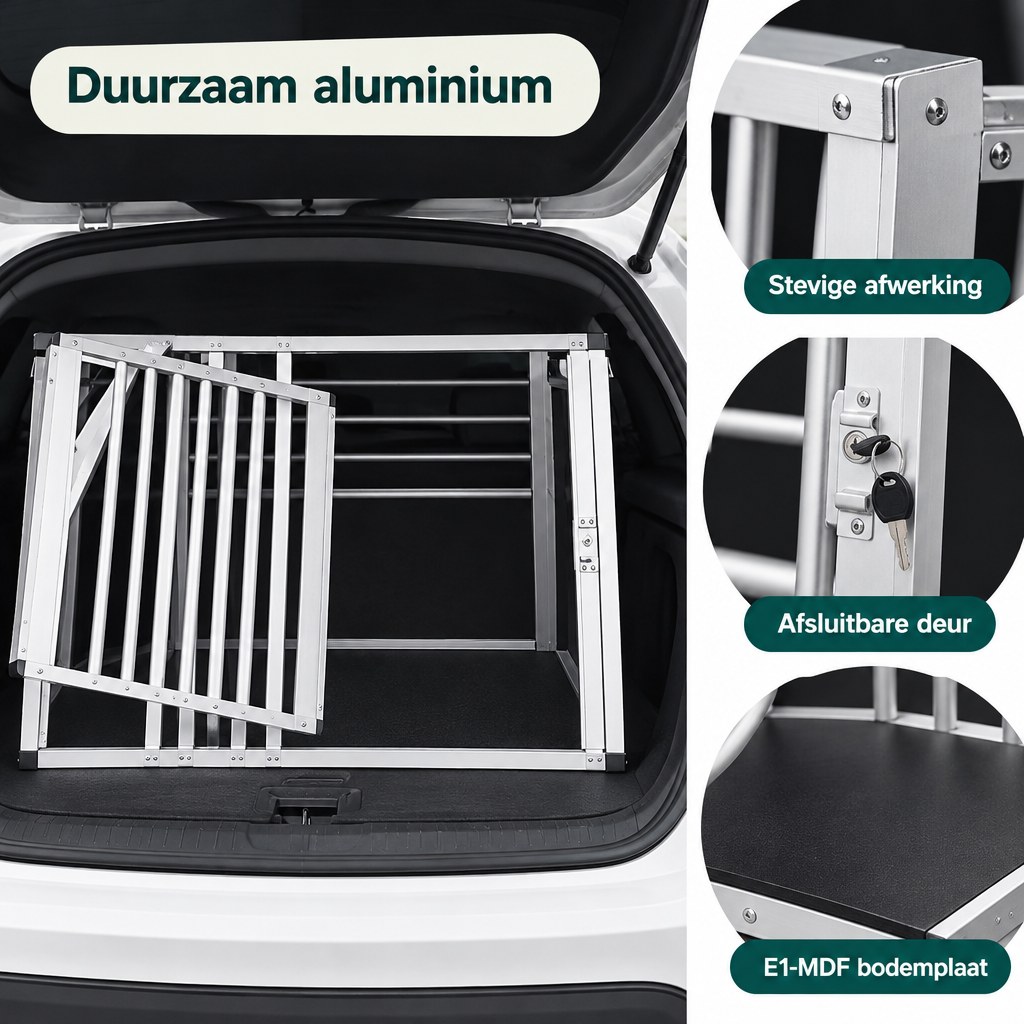 Detail van materiaal en afwerking van aluminium hondenbench auto