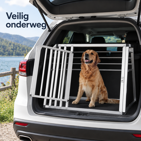 Aluminium hondenbench voor de auto met afsluitbare deur, geschikt voor middelgrote honden, 92x65x66 cm, door BukkitBow