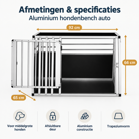 Aluminium hondenbench voor auto, geschikt voor middelgrote honden, 92x65x66 cm, met afsluitbare deur, van BukkitBow.