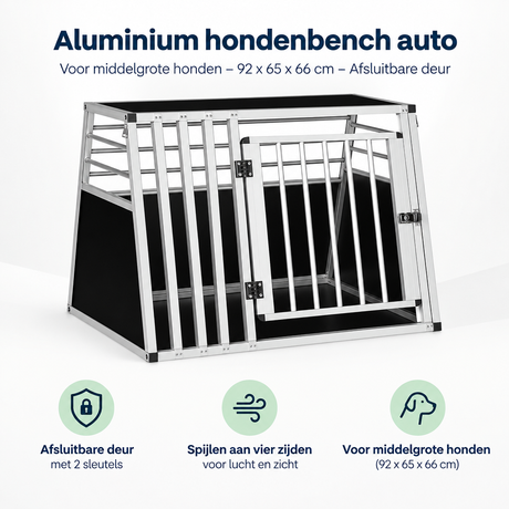Aluminium hondenbench voor auto, geschikt voor middelgrote honden, 92x65x66 cm, met afsluitbare deur en overzicht van kernvoordelen.