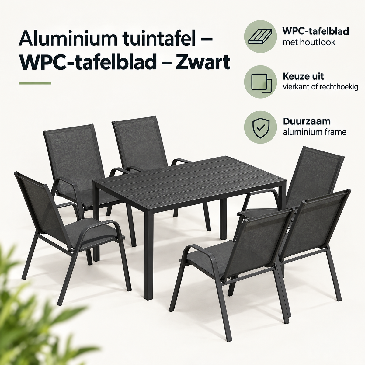 Zwart aluminium tuintafel met WPC-tafelblad van BukkitBow, modern en duurzaam voor buitengebruik